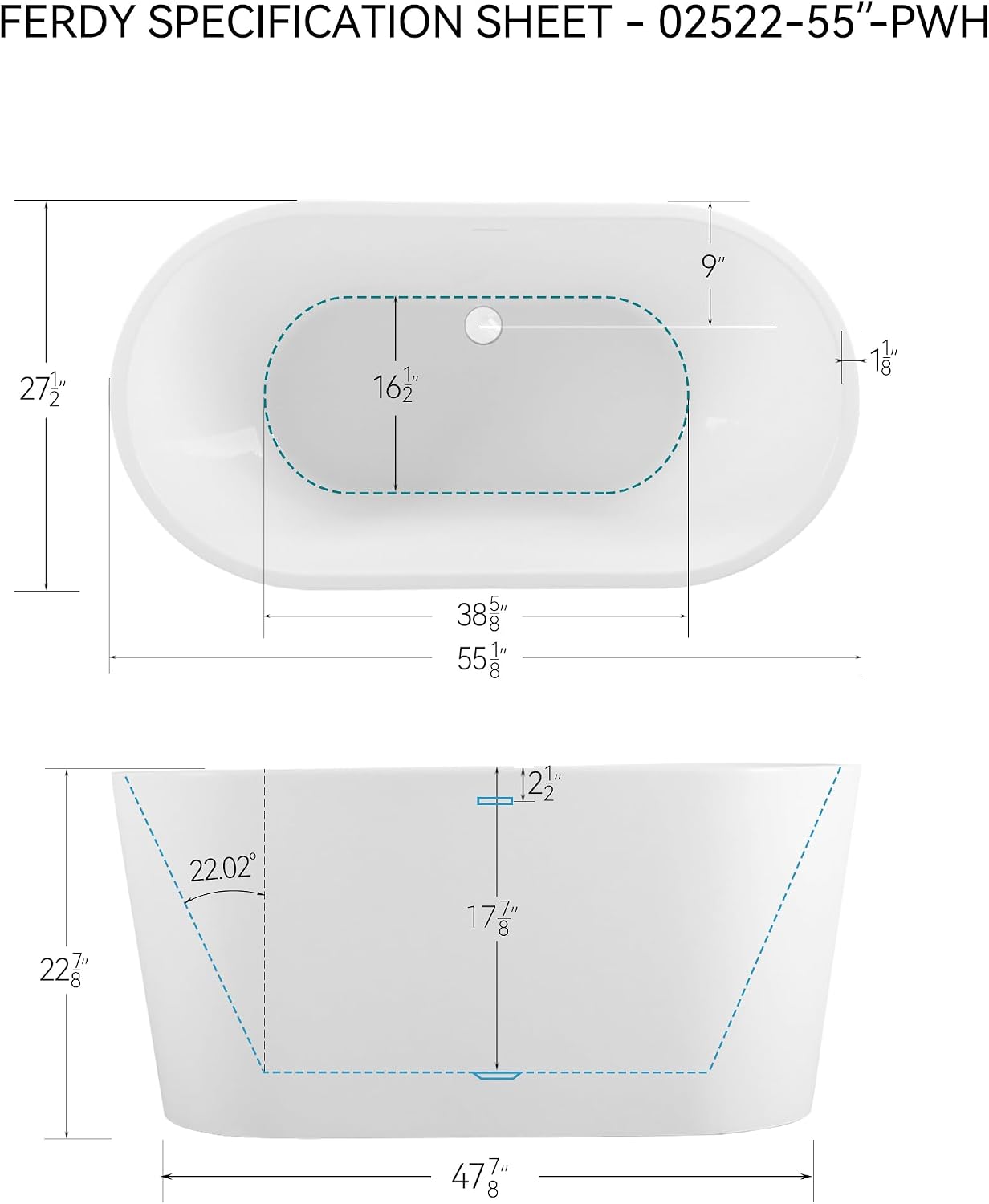 FerdY Shangri-La 55' Acrylic Freestanding Bathtub, Ergonomic Lightweight Classic Oval Soaking Bathtub with Polished White Drain, Minimalist Linear Design Overflow, Modern White