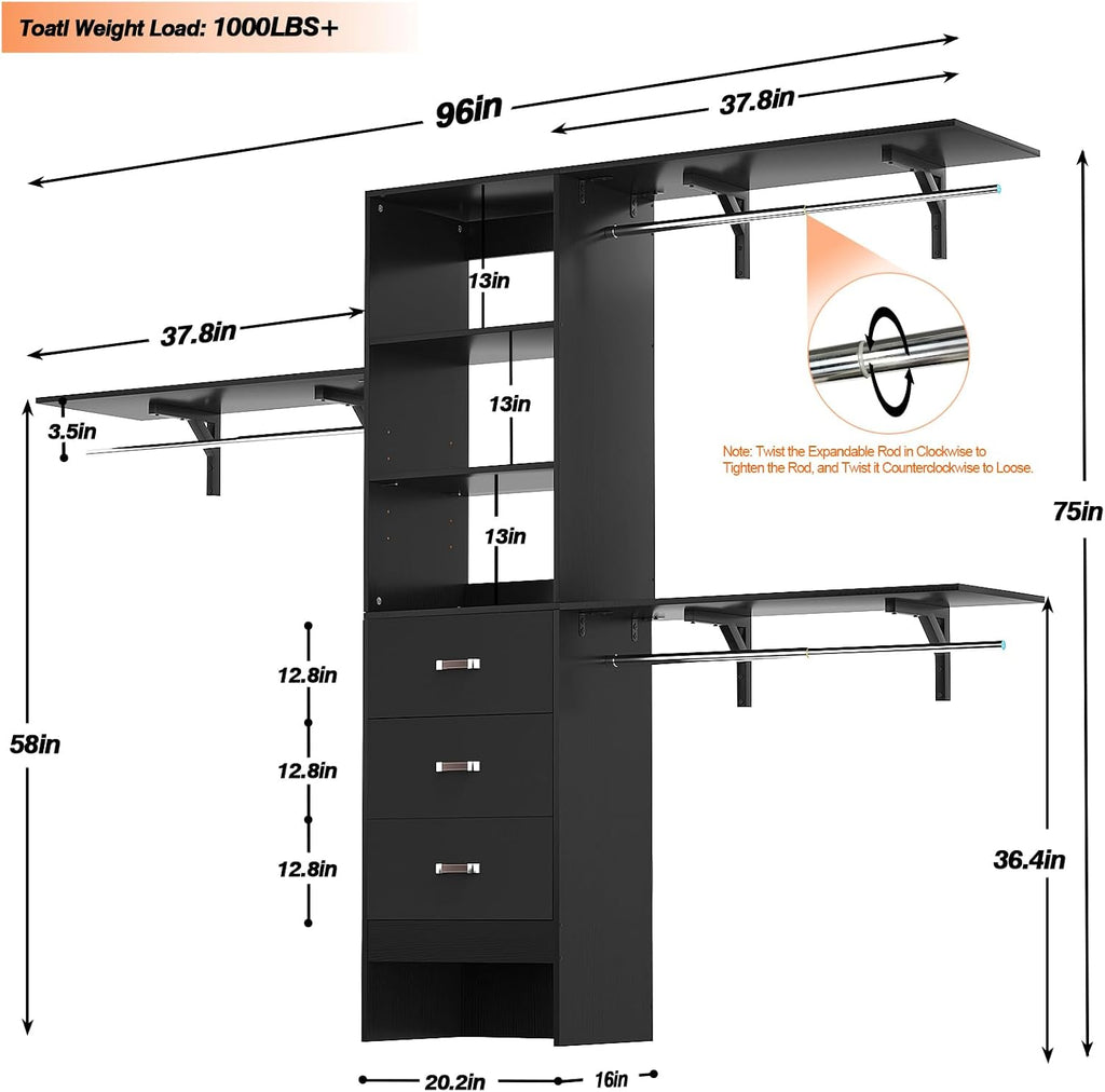 Armocity 96' Wood Closet System with 3 Enclosed Drawers & 3 Solid Shelves, 8FT Adjustable Closet Organizers and Storage, Heavy Duty Modular Wardrobe for Reach-In & Walk-In, 1000 LBS Load, Black