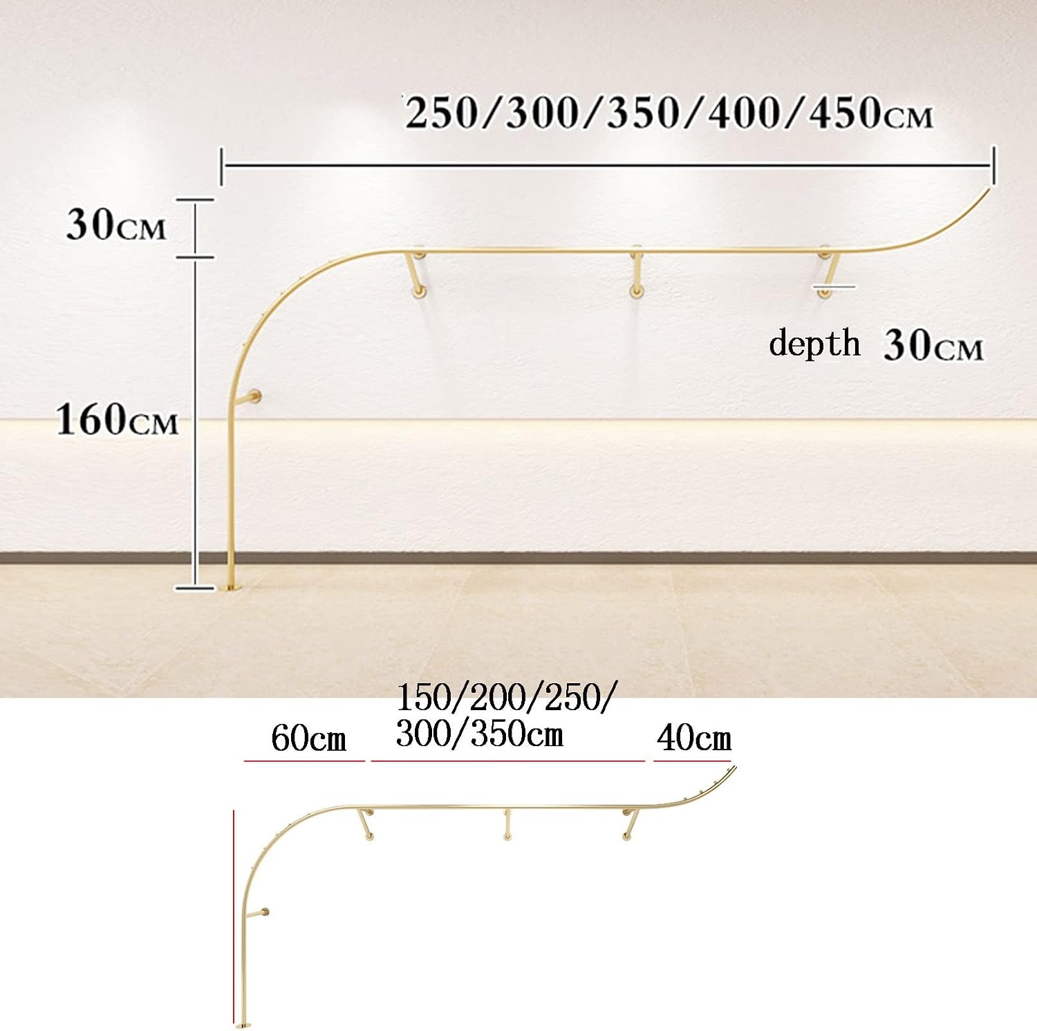 Clothing Rod Wall Mounted Clothing Rack Store Garment Racks Display Clothes Hanger Commercial Hanging Clothes,Multi-Functional Organizer Storage Shelf for R(A-L250CM