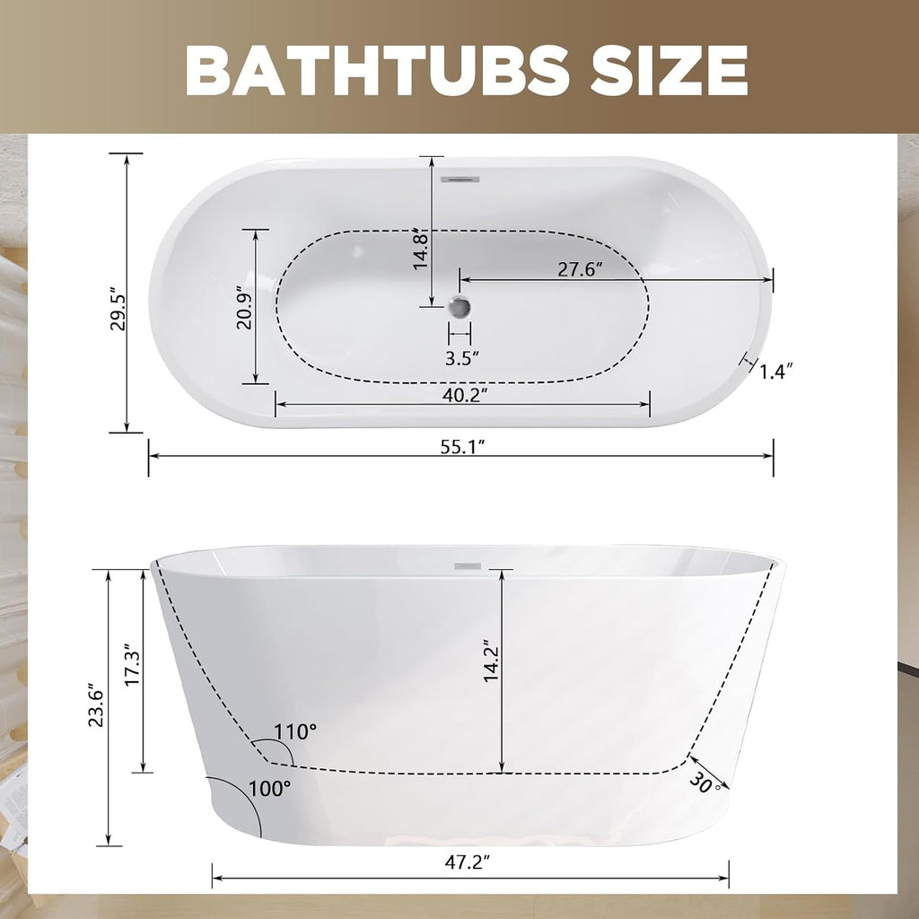 SHINEUX55' Acrylic Freestanding Bathtub, Stand Alone Soaking Tub, Glossy White Acrylic, Toe-tap Chrome Drain, cUPC Certified (BSM-2012-55)