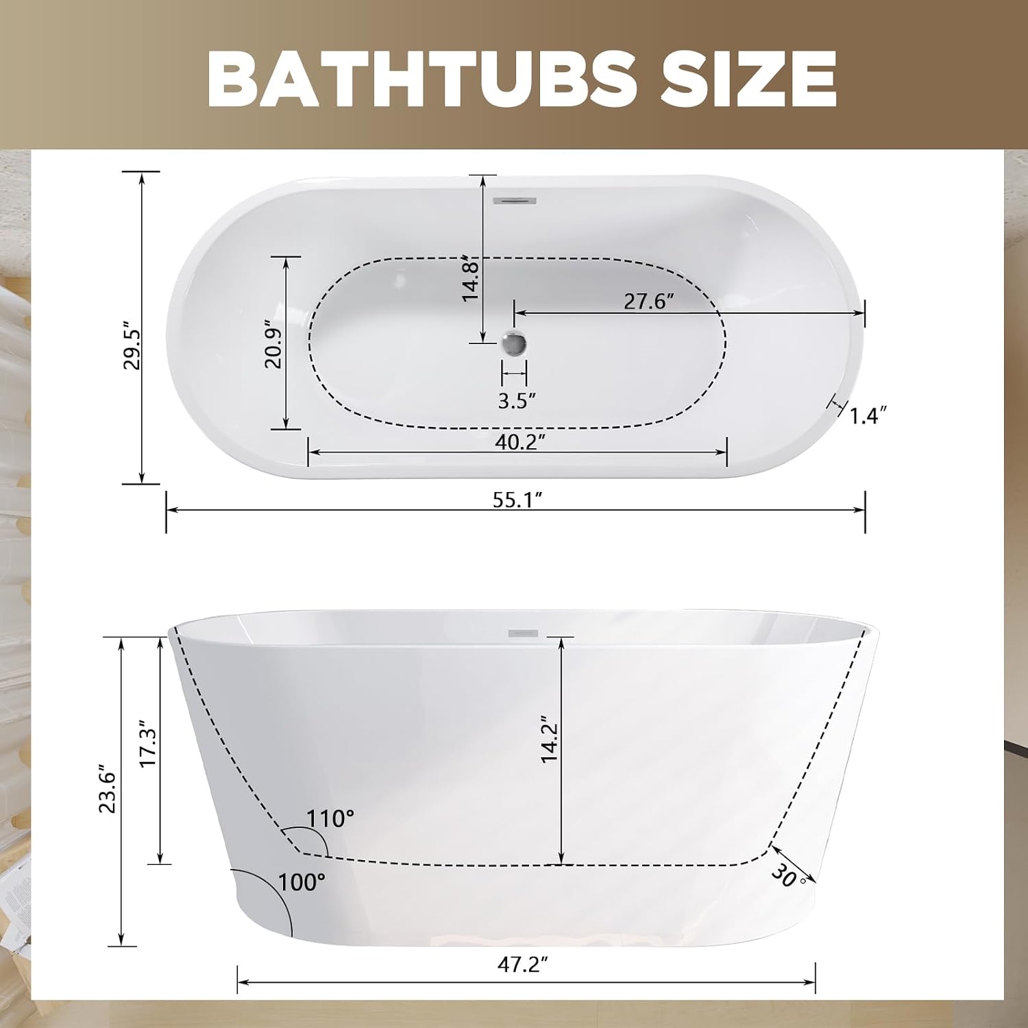 SHINEUX55' Acrylic Freestanding Bathtub, Stand Alone Soaking Tub, Glossy White Acrylic, Toe-tap Chrome Drain, cUPC Certified (BSM-2012-55)