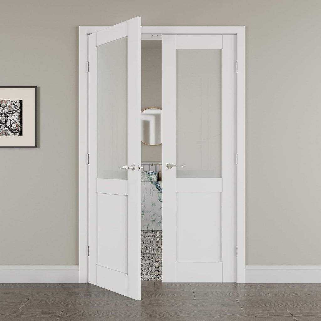 36' x 80' French Doors Interior (Double 18' x 80' Half Frosted Glass Door with Silver Hinge Prehung Jamb Kit), Pre-Finished & Paintable, Prebuilt Home Door Slabs & Assembly Required Jamb