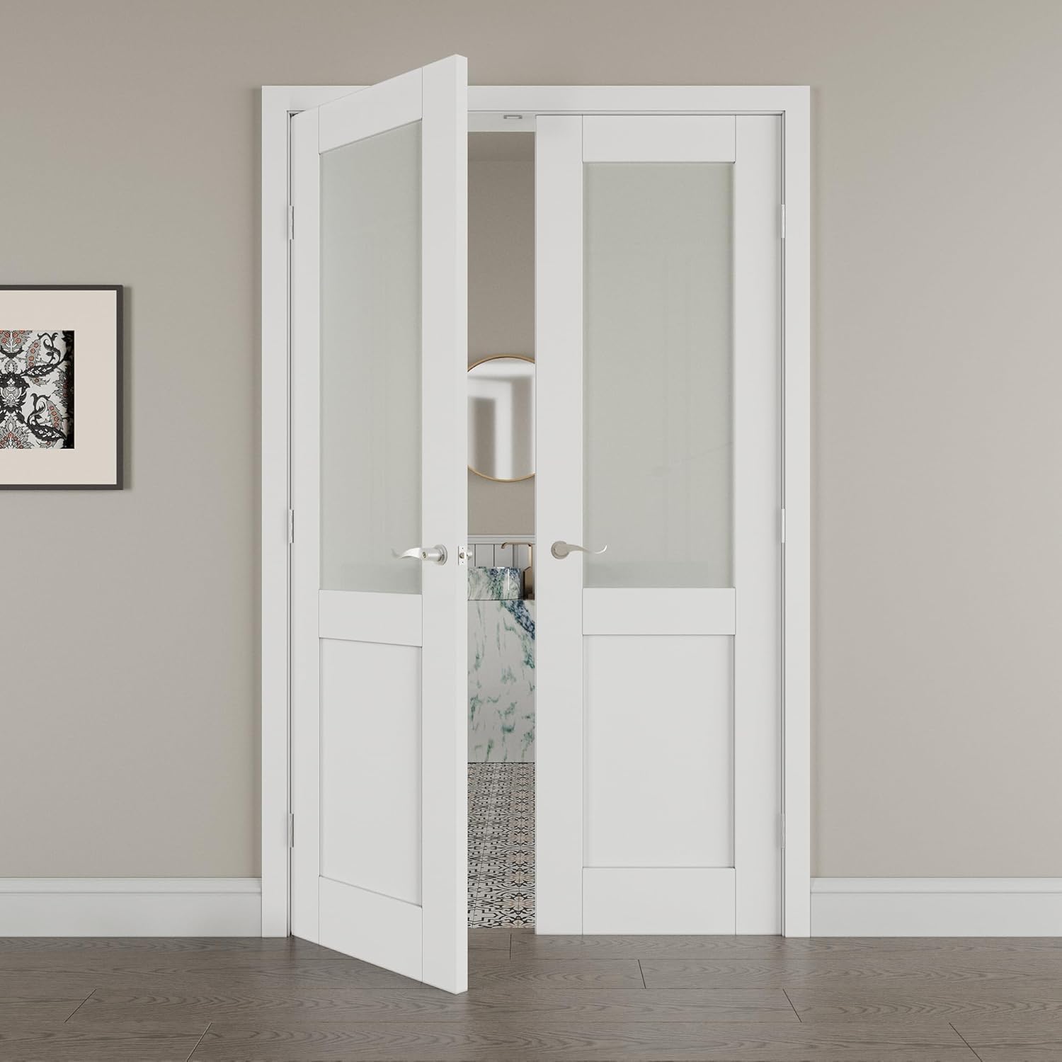 36' x 80' French Doors Interior (Double 18' x 80' Half Frosted Glass Door with Silver Hinge Prehung Jamb Kit), Pre-Finished & Paintable, Prebuilt Home Door Slabs & Assembly Required Jamb
