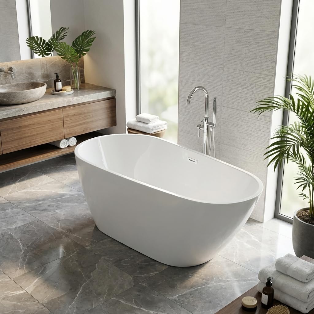 67' Freestanding Acrylic Bathtub, Deep Soaking Tub with Non-Slip Base & Chrome Drain, cUPC Certified, Easy Install, Space-Saving Bathtub, Modern Tub for Bathrooms, White Pearl
