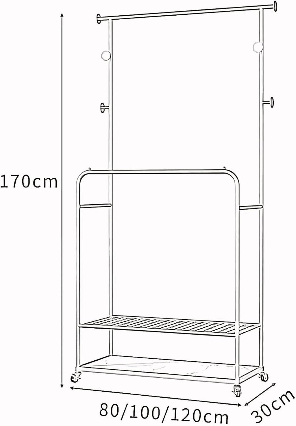 Heavy duty Garment rack Double Rods Clothes Rack With Wheels, Heavy Duty Metal Clothing Rack For Hanging Clothes, Multi-functional Coat Rack With 2 Shelves And 4 Hooks,Clothes Organi (Gold 100X30X170