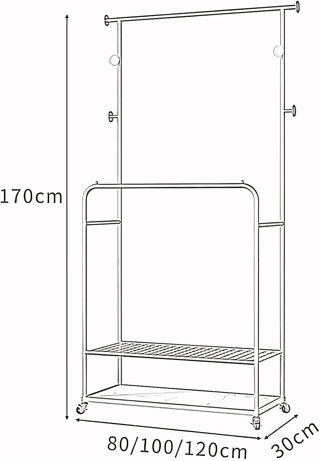 Heavy duty Garment rack Double Rods Clothes Rack With Wheels, Heavy Duty Metal Clothing Rack For Hanging Clothes, Multi-functional Coat Rack With 2 Shelves And 4 Hooks,Clothes Organi (Black 100X30X17