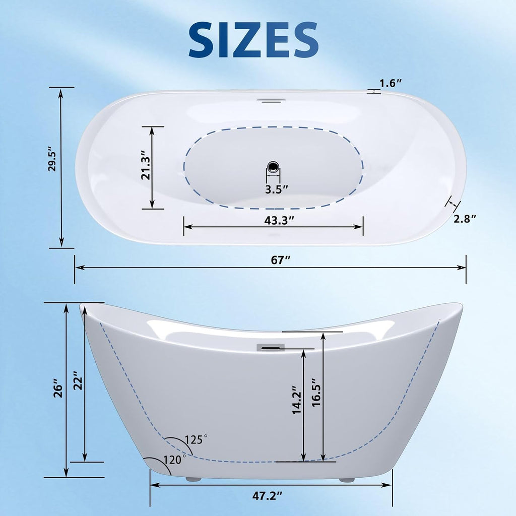 Freestanding Bathtub 67' Acrylic Contemporary Free Standing Tub Ship Shape Oval Acrylic Soaking Bath Tubs with Chrome Pop-Up Drain & Overflow, White