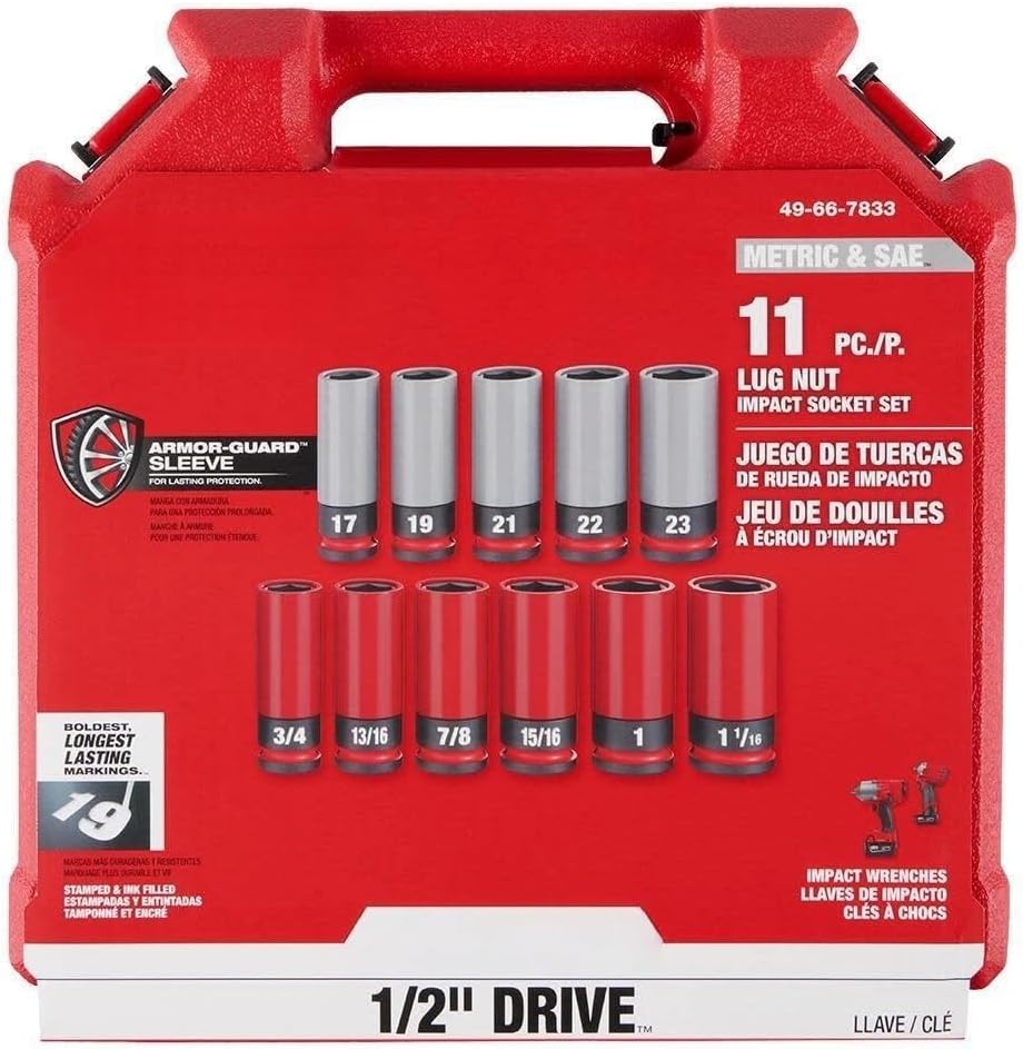 11 PC 49-66-7833 for Milwaukee 1/2' Dual hole design Metric Lug Nut Wheel Socket Set Length 11.6 in Width 11.0 in Height 3.0 in Red Gray