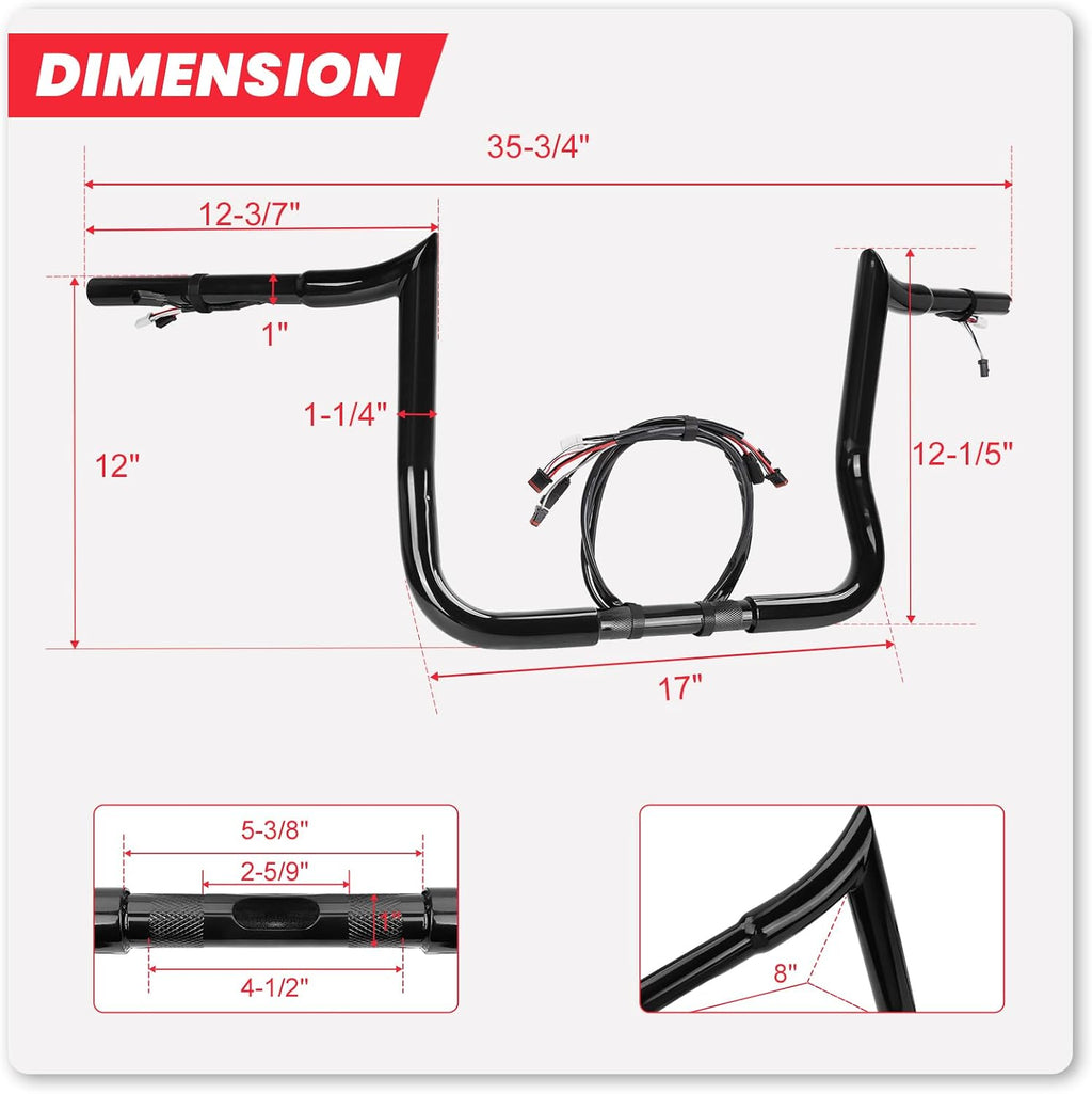 12' pre-wired meathook bar Ape Hanger Handlebar 1 ¼' Compatible With Harley Davidson Bagger Electra Glide Street Glide Ultra Limited 2016-2023, Miter Cut Heated Option Handlebar, Gloss Black