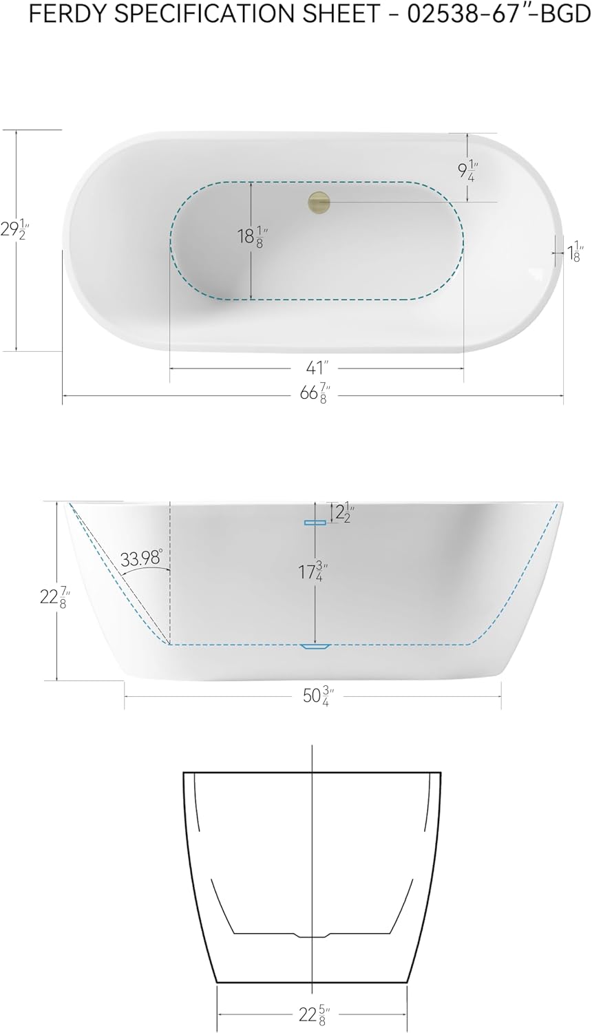 FerdY 67' Acrylic Freestanding Bathtub, Contemporary Soaking tub with Brushed Gold Drain, Elegant Oval Shape, cUPC Certified, Bali