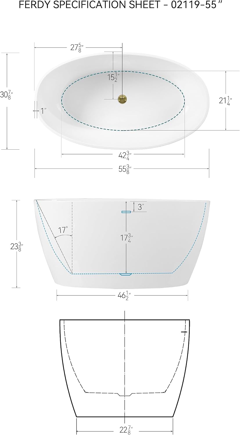 FerdY 55' Acrylic Freestanding Bathtub, Contemporary Soaking tub with Polished Gold Drain & Overflow, cUPC Certified, Elegant Oval Shape, Tahiti