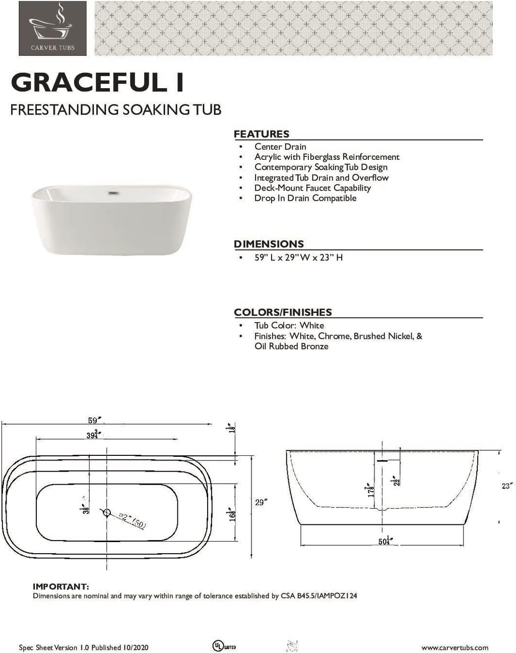 Carver Tubs - Graceful 59'- Freestanding Bathtub With White LED Light - 59″L x29'W x 23'H - Modern Contemporary Oval Tub - Chrome Center Drain
