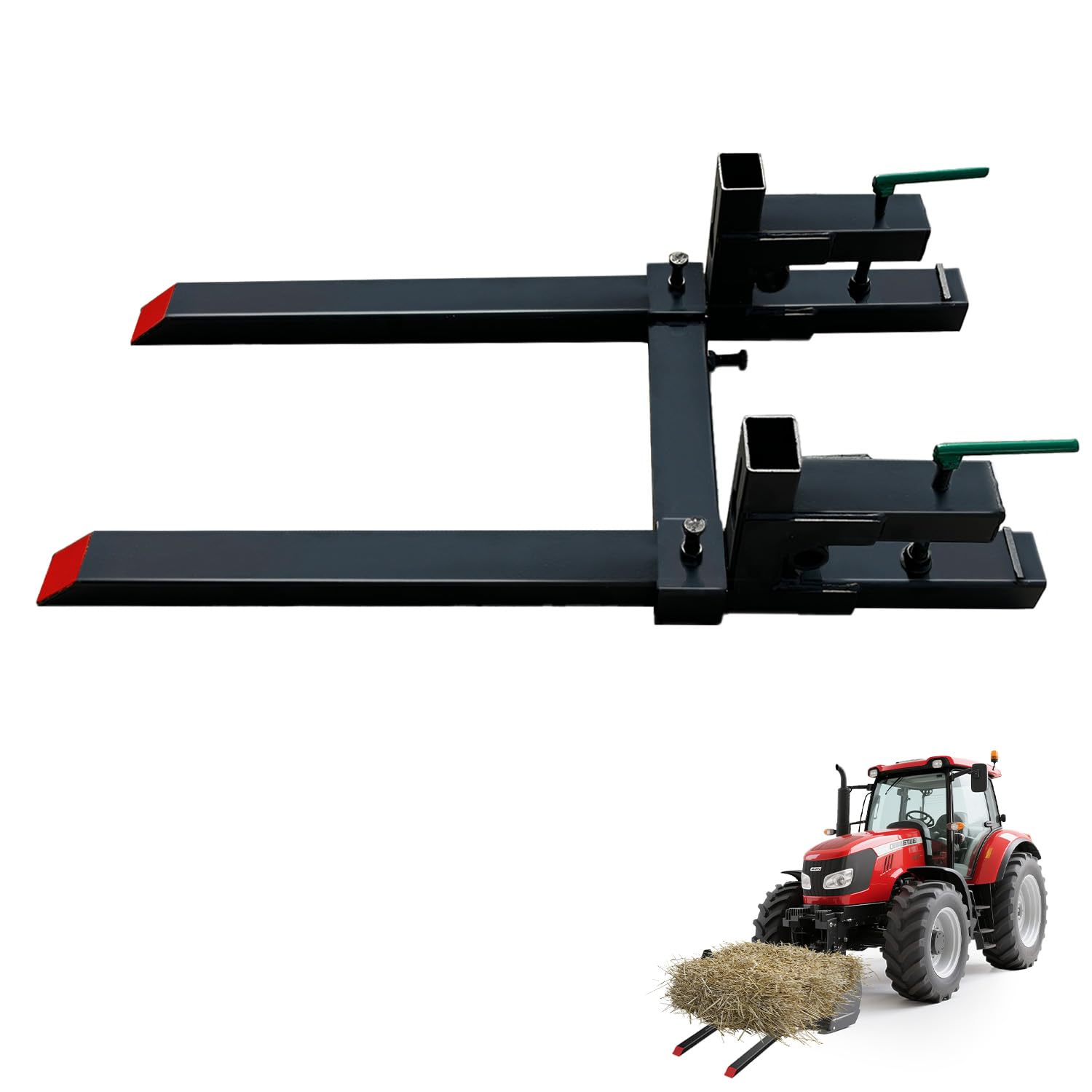 Heavy Duty 60-Inch Clamp-On Pallet Forks for Tractor, Skid Steer Loader - 2000lb Capacity - Adjustable Stabilizer Bar - Quick Attach Front Loader Forks for Hay, Logs, Lumber - Fits Most