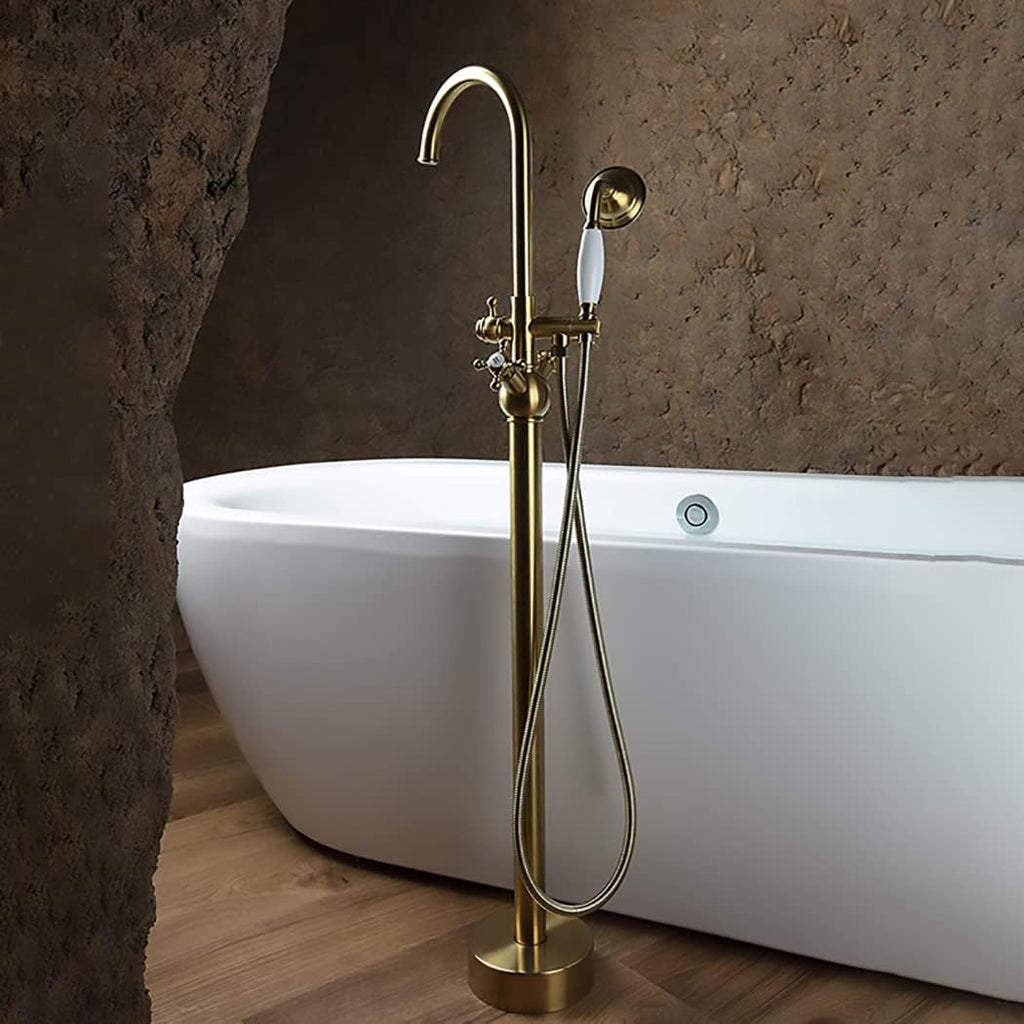 Industrial Freestanding Bathtub Faucet Swivel High Arc Floor Mount Tub Filler Faucet 2 Handles Floor Mounted Tub Faucet Brass Tub Mixer Tap with Handheld Shower and 59' Shower Hose,Brushed Gold