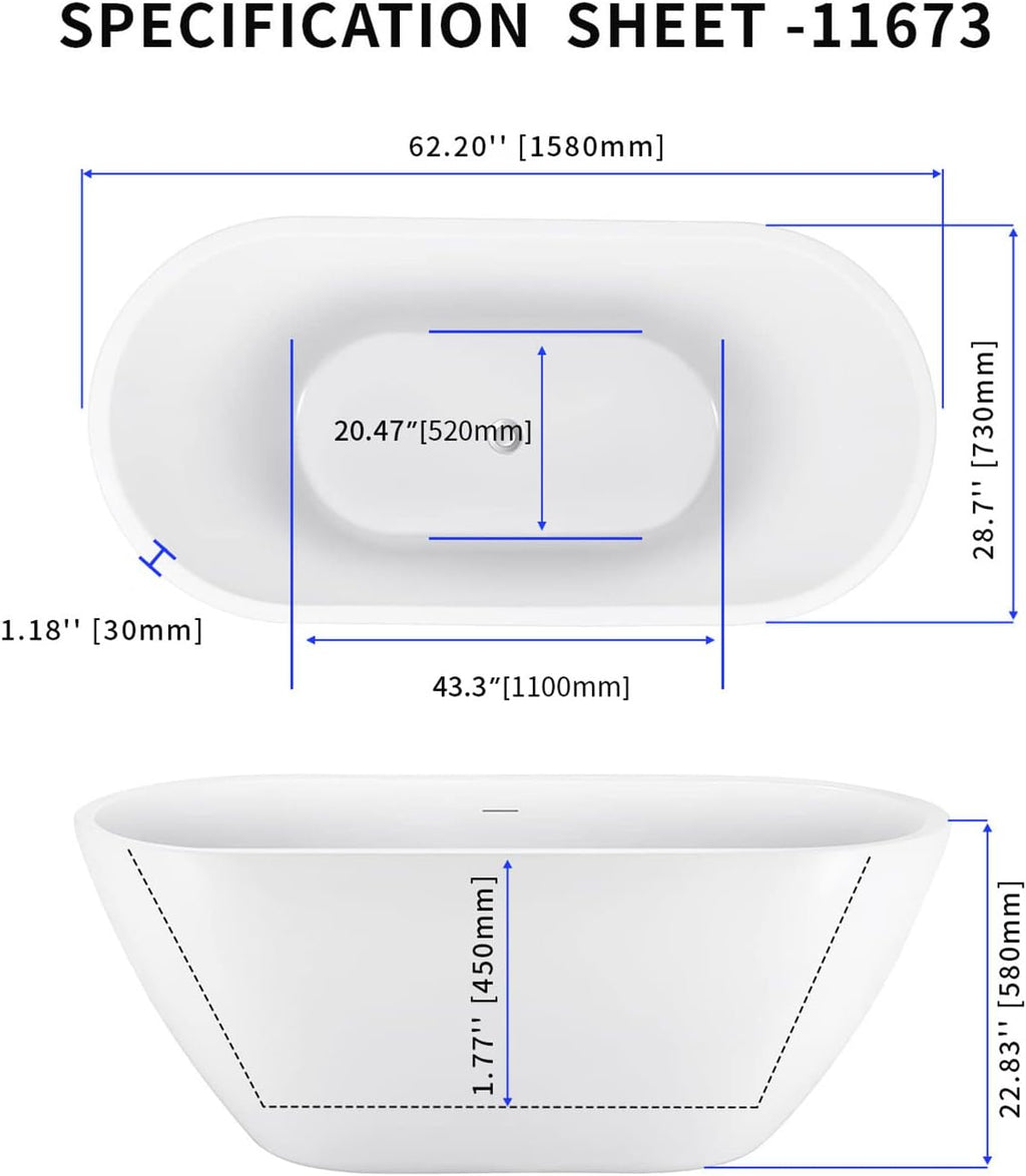 62' Acrylic Freestanding Bathtub, Double Ended Free Standing Tub, Soaking Tub with Integrated Slotted Overflow, Toe-Tap Chrome Drain, cUPC Certified, Glossy White