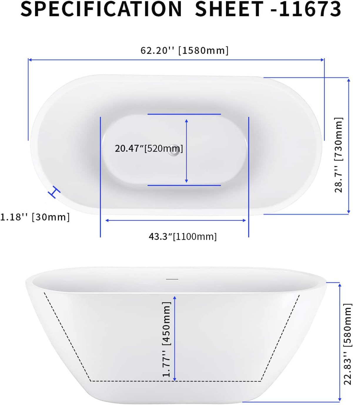 62' Acrylic Freestanding Bathtub, Double Ended Free Standing Tub, Soaking Tub with Integrated Slotted Overflow, Toe-Tap Chrome Drain, cUPC Certified, Glossy White