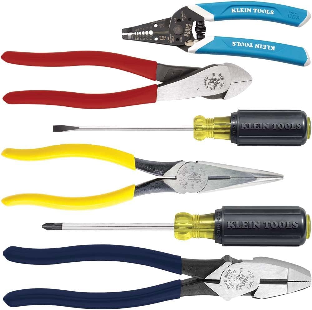 Klein Tools 80080 Hand Tool Kit includes 2 Screwdrivers, 3 Pliers, Wire Stripper and Cutter, for Electricians, 6-Piece & 32561 Multi-Bit Screwdriver/Nut Driver, 6-in-1 Stubby Screwdriver