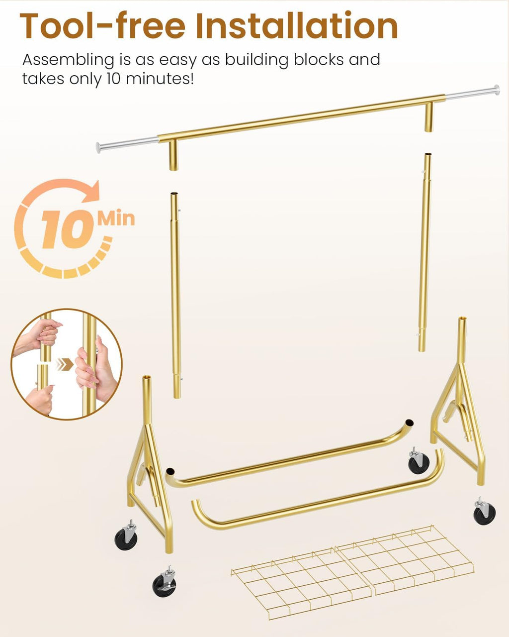 Heavy Duty Clothes Rack, Metal Clothing Rack Load 450 LBS, Rolling Coat Racks for Hanging Clothes with Lockable Wheels, Silver+Gold