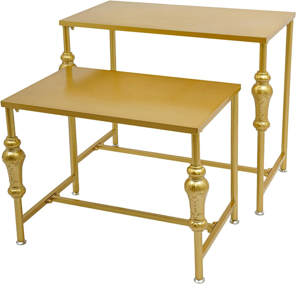 Industrial Retail Display Tables, Set of 2 Standing Clothing Shoes Display Rack, Heavy Duty Boutique Display Riser Storage Shelves, Garment Handbag Display Stand for Retail Clothing Store (Gold)