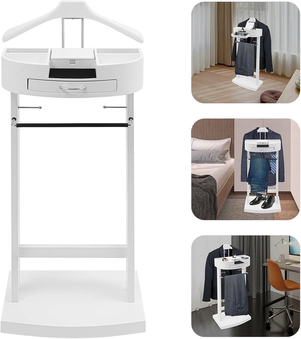 Suit Valet Stand White, Freestanding Clothes Rack with Velvet-Lined Drawer & Compartments, 66lbs Capacity, for Bedroom Hotel Entryway