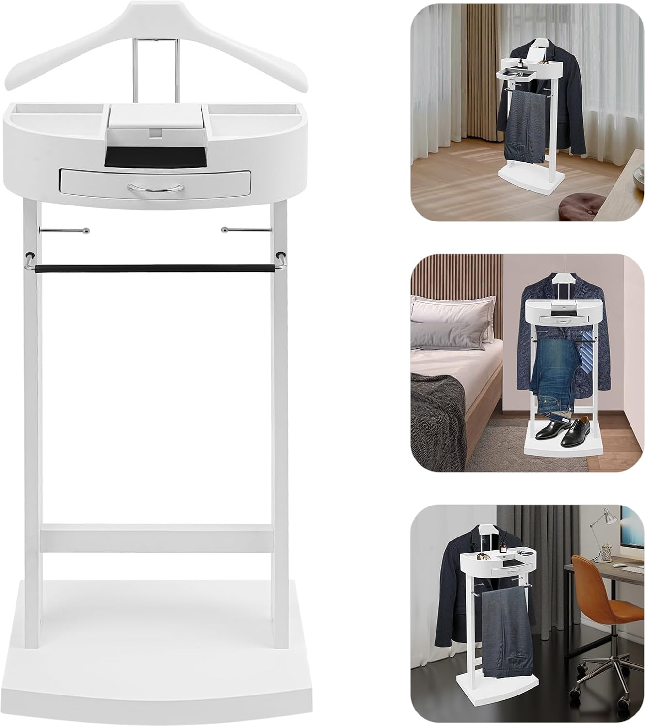 Suit Valet Stand White, Freestanding Clothes Rack with Velvet-Lined Drawer & Compartments, 66lbs Capacity, for Bedroom Hotel Entryway