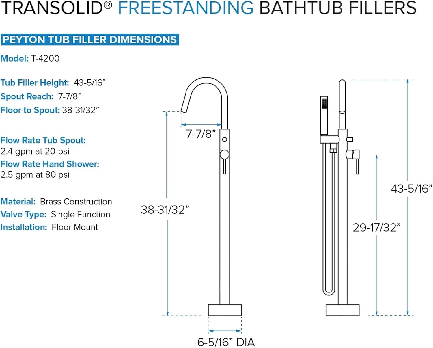 Transolid Maris 59 in. Freestanding Soaking Bathtub & Faucet Kit | 31 in. Wide Acrylic Tub + Polished Chrome Floor-Mount Tub Filler with Handshower | Center Drain | Gloss White | KF-AFTM5931-G31PC