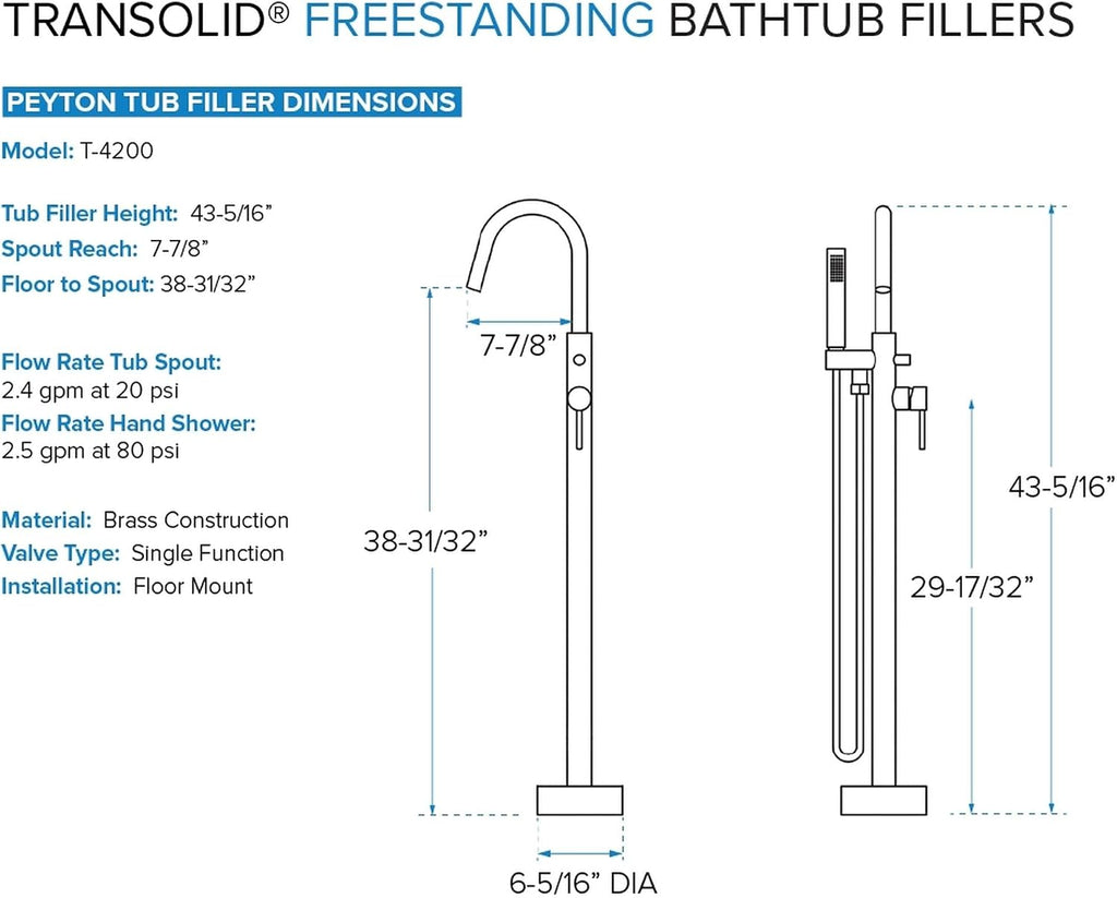 Transolid Maris 59 in. Freestanding Soaking Bathtub & Faucet Kit | 31 in. Wide Acrylic Tub + Brushed Nickel Floor-Mount Tub Filler with Handshower | Center Drain | Gloss White | KF-AFTM5931-G31BN