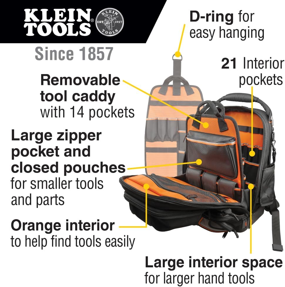 Klein Tools Electrician Tool Backpack with 48 Pockets and 11-in-1 Ratcheting Screwdriver/Nut Driver