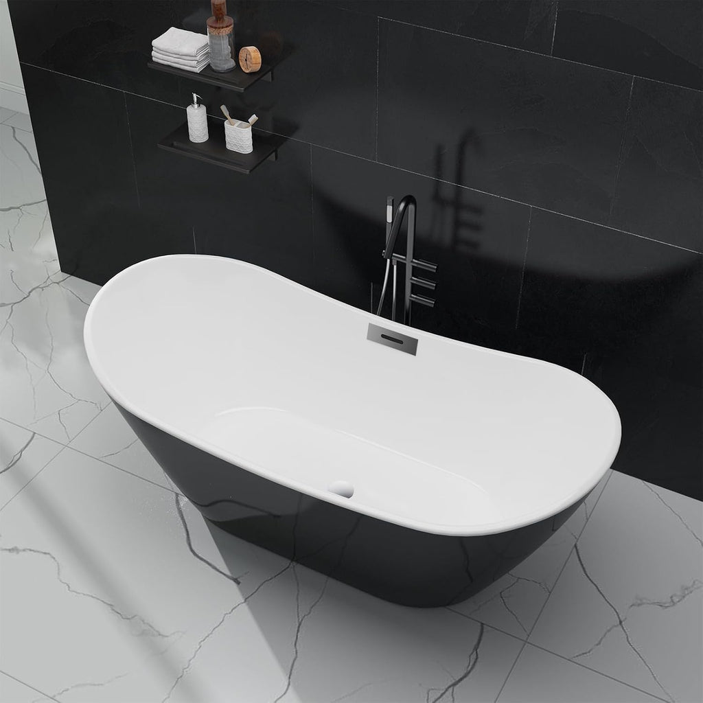 IDEALHOUSE 59' Acrylic Freestanding Bathtub Contemporary, Soaking Tub, CUPC Certified Stand Alone Tub with Non-Slip Base, Chrome Drain & Overflow, for Home Spa Relaxation(Black-Sky)