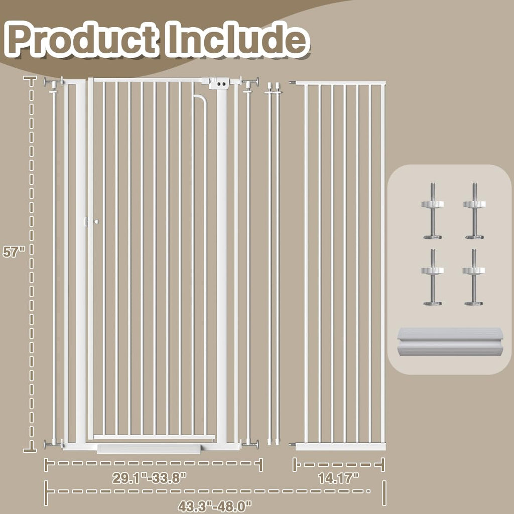 57' Extra Tall Cat Gate, 43.3'-48.0' Wide Pet Gate for Doorway, Pressure Mounted Tall Baby Gate with Door, Walk Through Dog Gate Indoor Stairs, Auto Close Cat Safety Gates, White