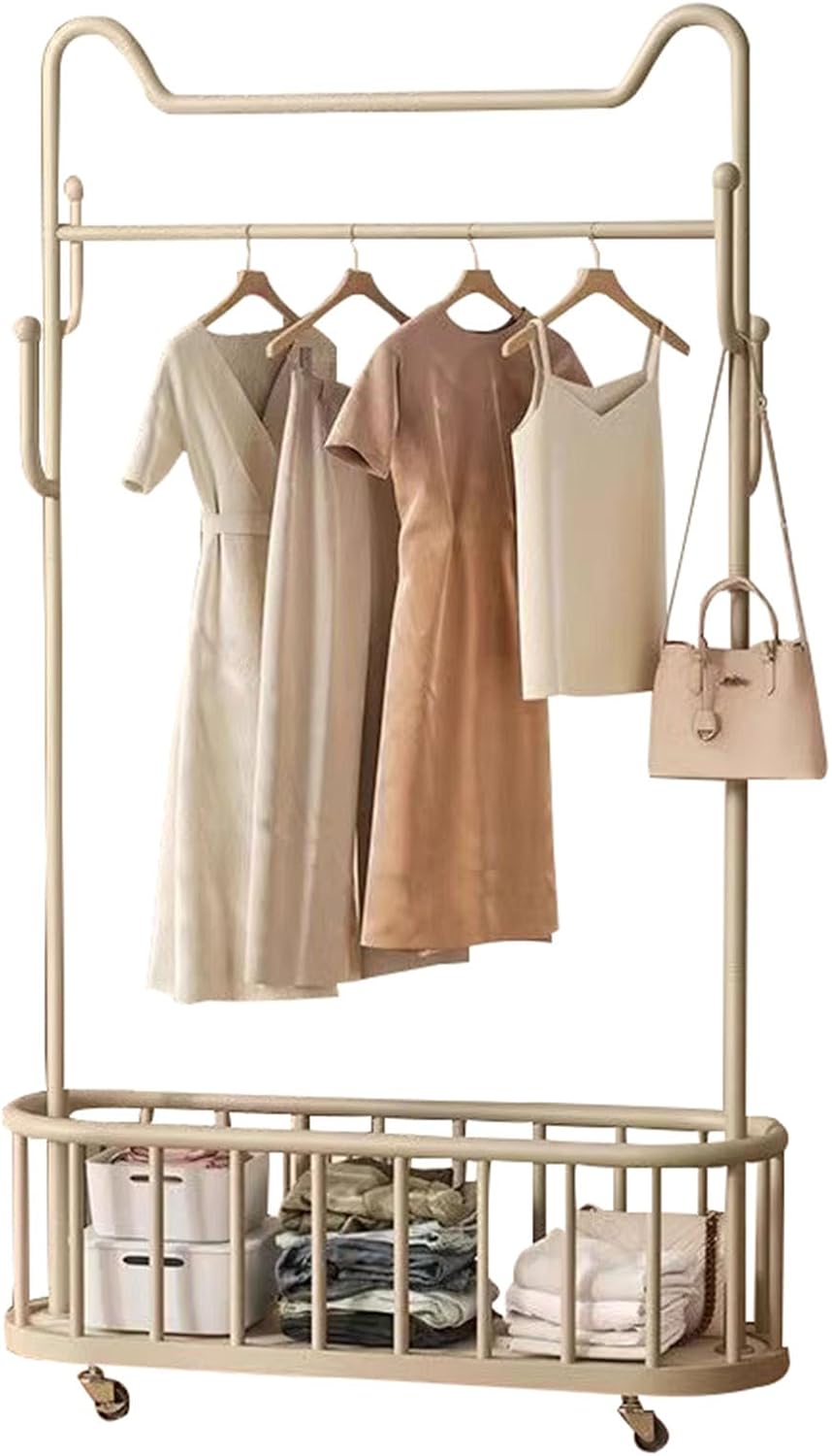 Cat Styling Clothing Rack, Coat Rack with Wheels Rolling Clothes Rack with Storage Basket Coat Rack Stand Modern Garment Rack for Bedroom Boutiques Heavy Duty Coat Hanger Rack