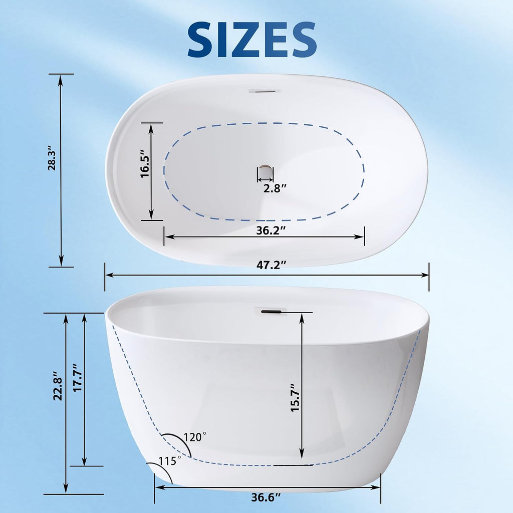 Free Standing Tub,Oval Shape Soaking tub,Bright White Finish Japanese Soaking Tub,Chrome Overflow & Pop-up Row,47' Acrylic Freestanding Bathtub. (C-3270)