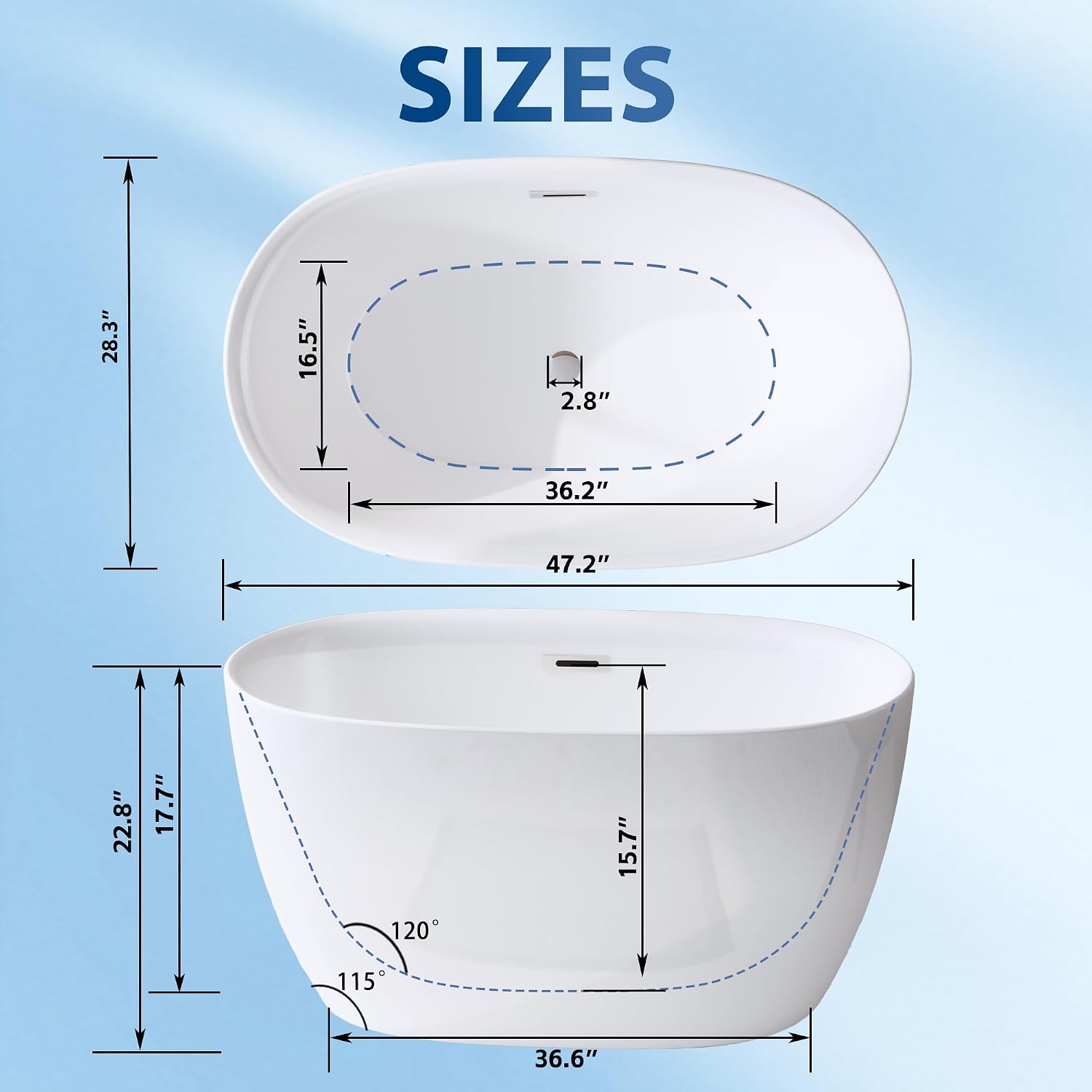 Free Standing Tub,Oval Shape Soaking tub,Bright White Finish Japanese Soaking Tub,Chrome Overflow & Pop-up Row,47' Acrylic Freestanding Bathtub. (C-3270)