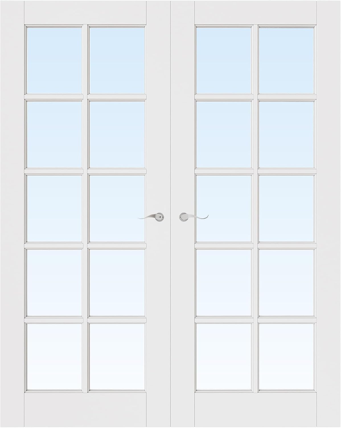 French Door 60' x 80' (Double 30' x 80') 10-Lite Clear Glass Door Slabs with Pre-Hung Jamb, Silver Hinges, Levers and Latch, White Primed, French Interior Doors with Frame, Swing Double Bedroom Doors