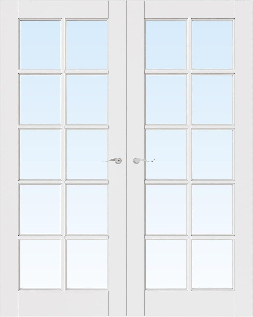 French Door 64' x 80' (Double 32' x 80') 10-Lite Clear Glass Door Slabs with Pre-Hung Jamb, Silver Hinges, Levers and Latch, White Primed, French Interior Doors with Frame, Swing Double Bedroom Doors