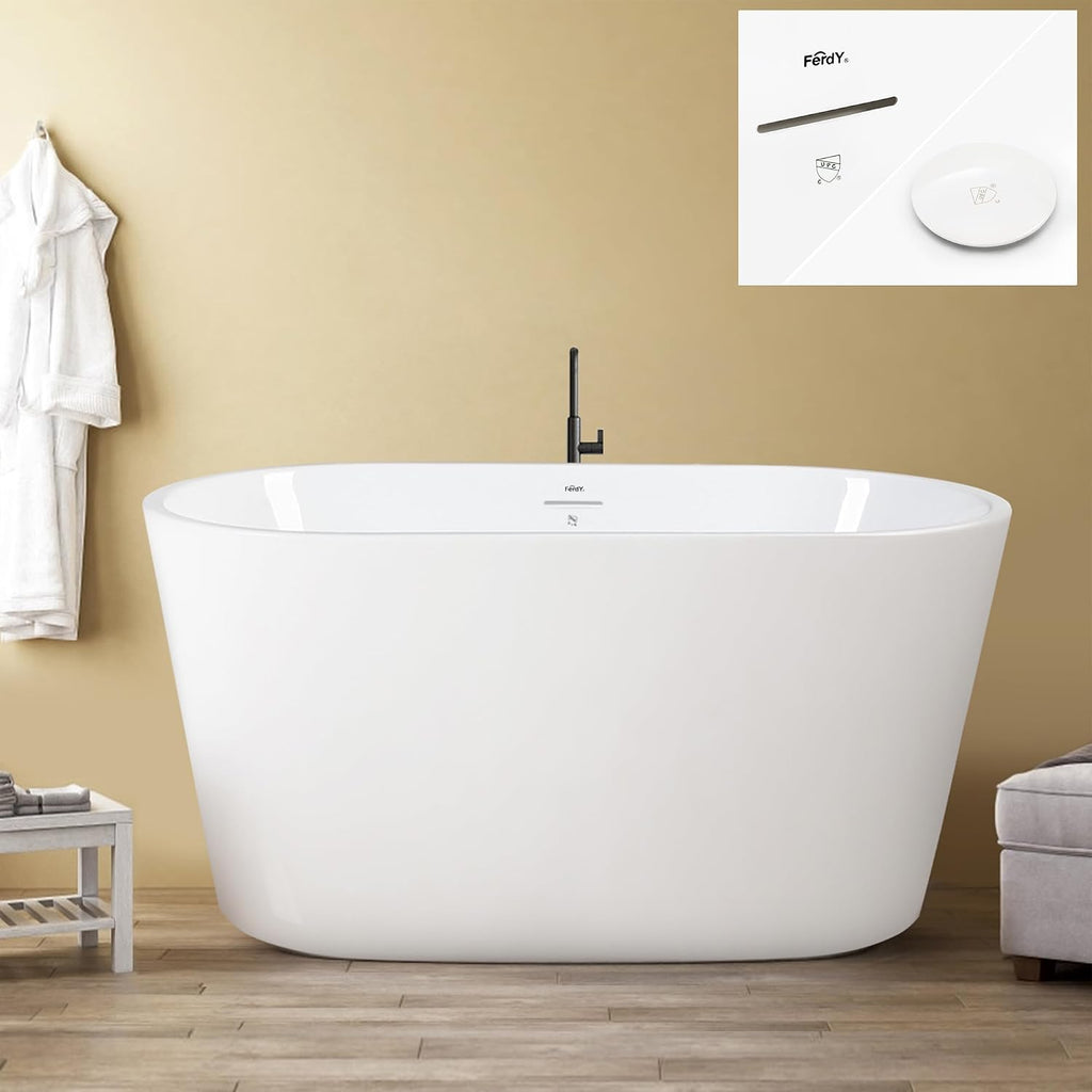 FerdY Shangri-La 47' Acrylic Freestanding Bathtub, Small Classic Oval Shape Acrylic Soaking Bathtub with Minimalist Linear Design Overflow & White Drain, Modern White, cUPC Certified