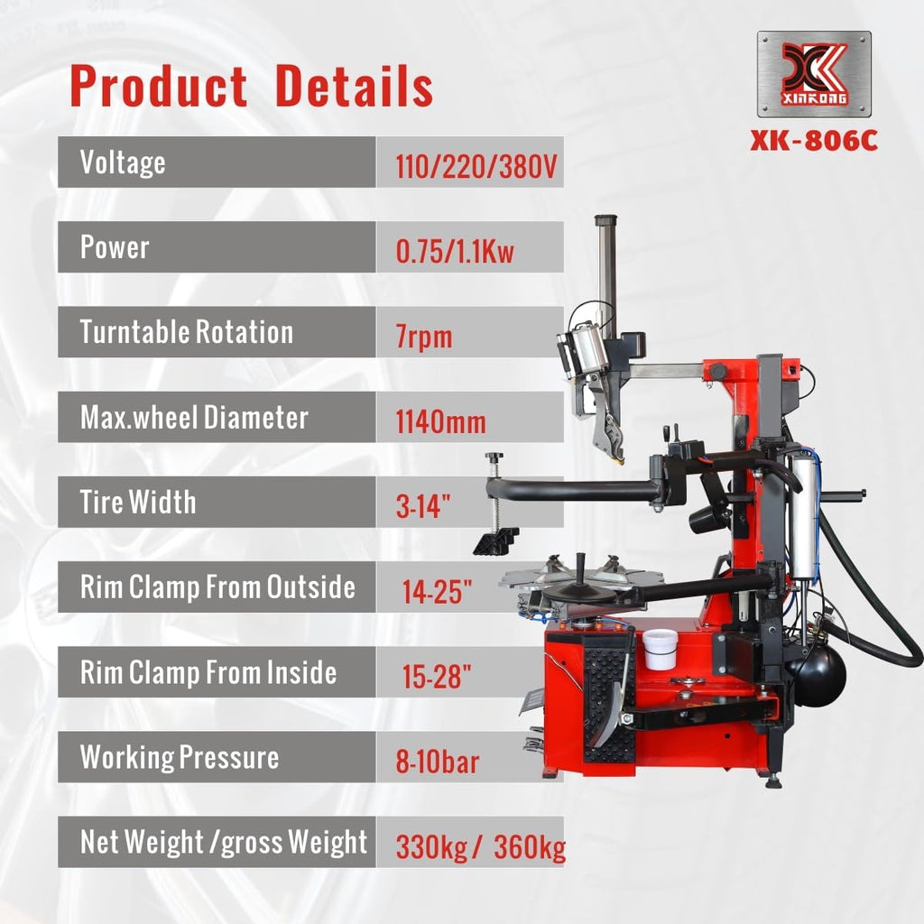 XK-806C Tire Changer Machine Tilt Back Column Automatic Working Head 2.0 Horsepower Rim Clamp 12-28 Inches with 12 Month Parts Replacement