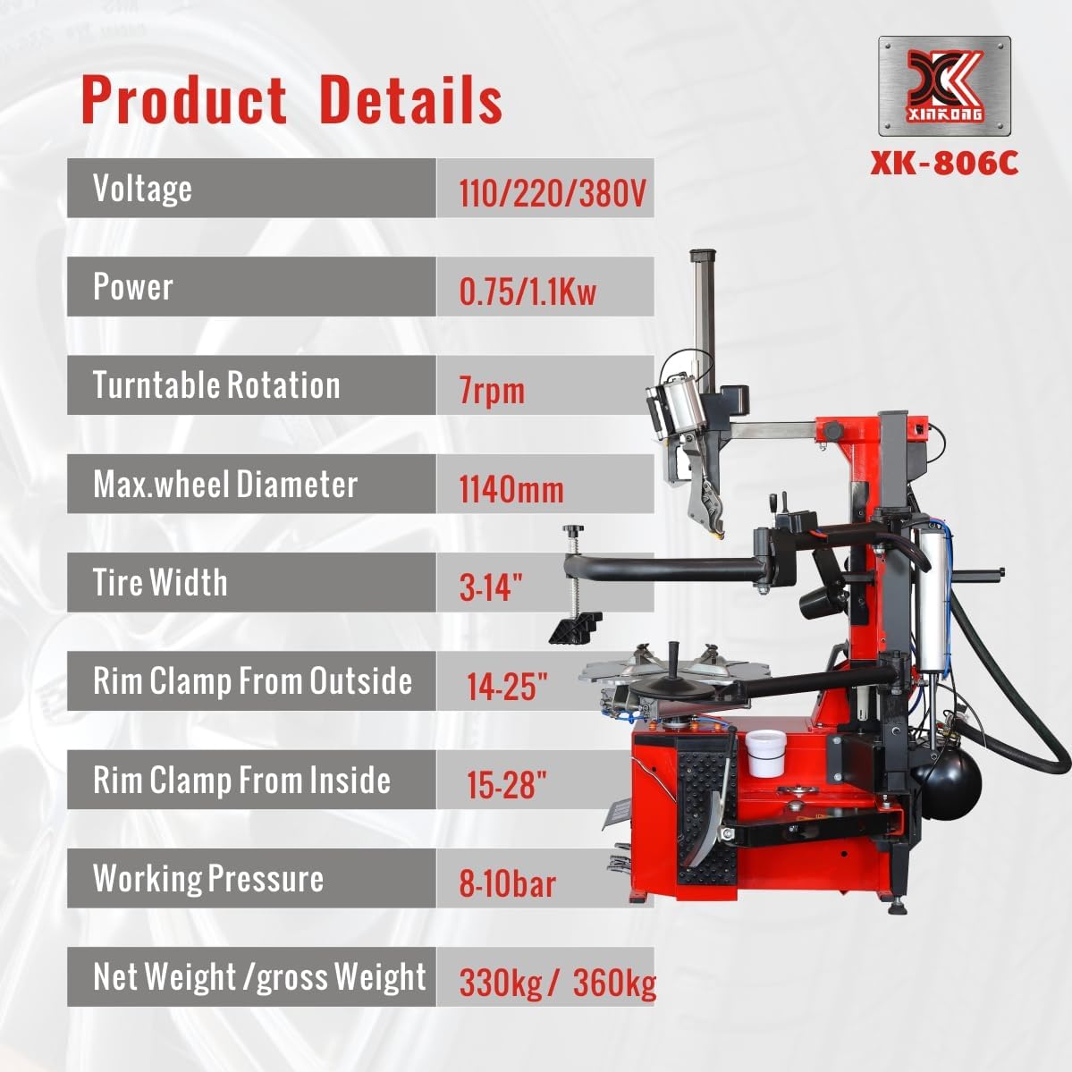 XK-806C Tire Changer Machine Tilt Back Column Automatic Working Head 2.0 Horsepower Rim Clamp 12-28 Inches with 12 Month Parts Replacement