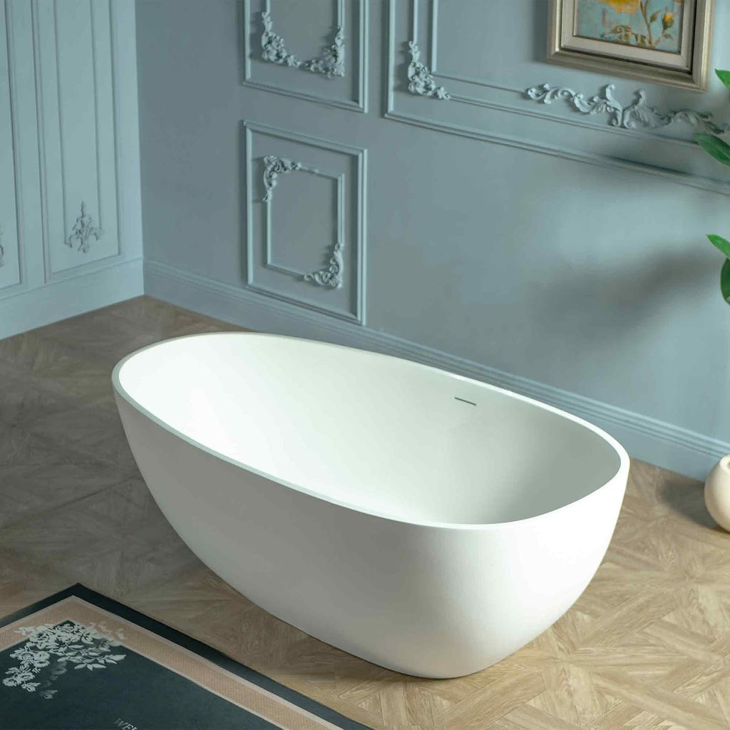 WOODBRIDGE 59' Egg-Shaped Solid Surface Freestanding Soaking Tub, Modern Oval Stone Resin Bathtub with Integrated Slotted Overflow & Drain, Matte White, EST0701