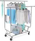 Garment Rack Collapsible Double Clothes Racks For Hanging Clothes Rolling Portable Adjustable Heavy Duty Clothing Rack On Wheels - Chrome