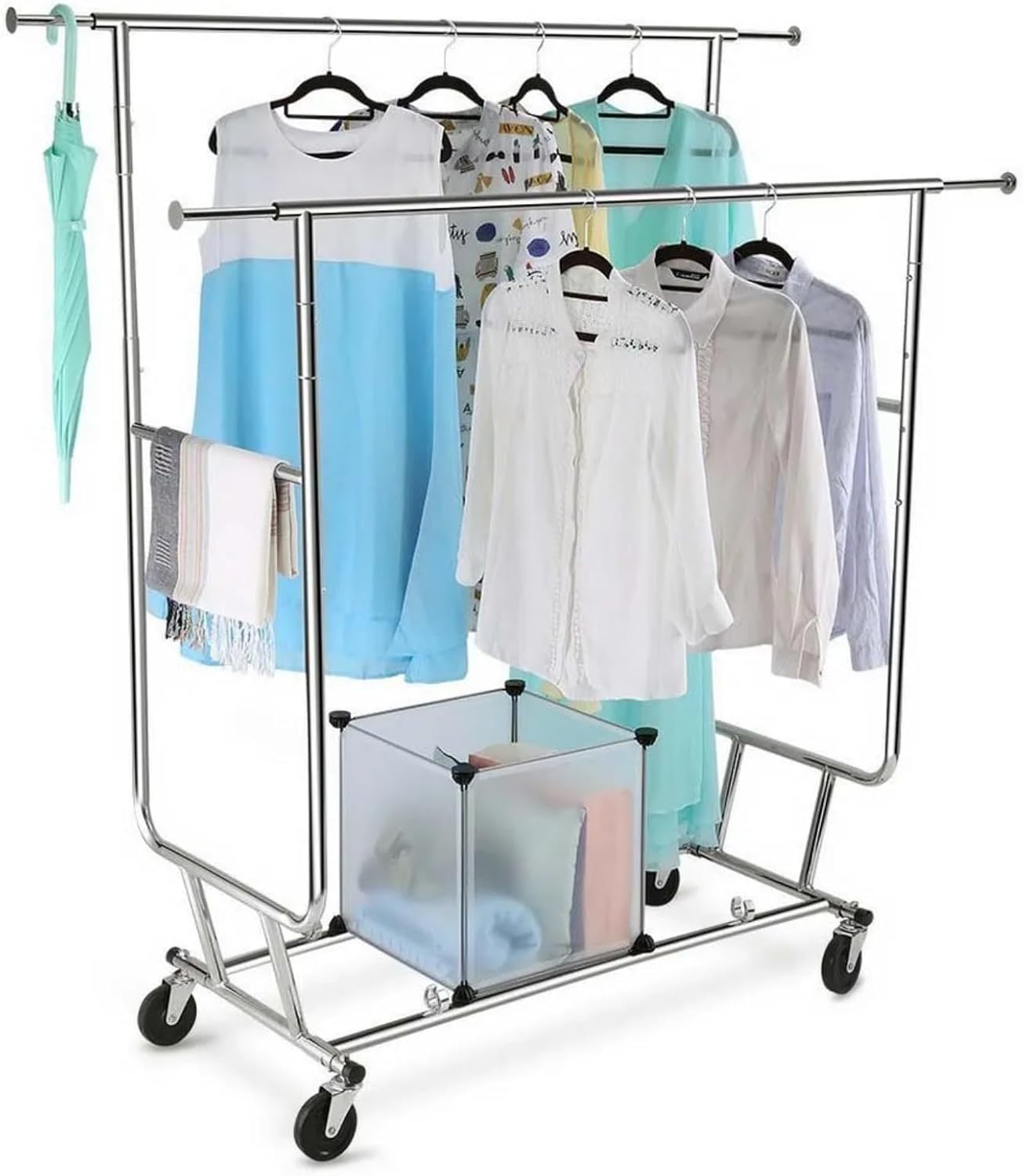 Garment Rack Collapsible Double Clothes Racks For Hanging Clothes Rolling Portable Adjustable Heavy Duty Clothing Rack On Wheels - Chrome