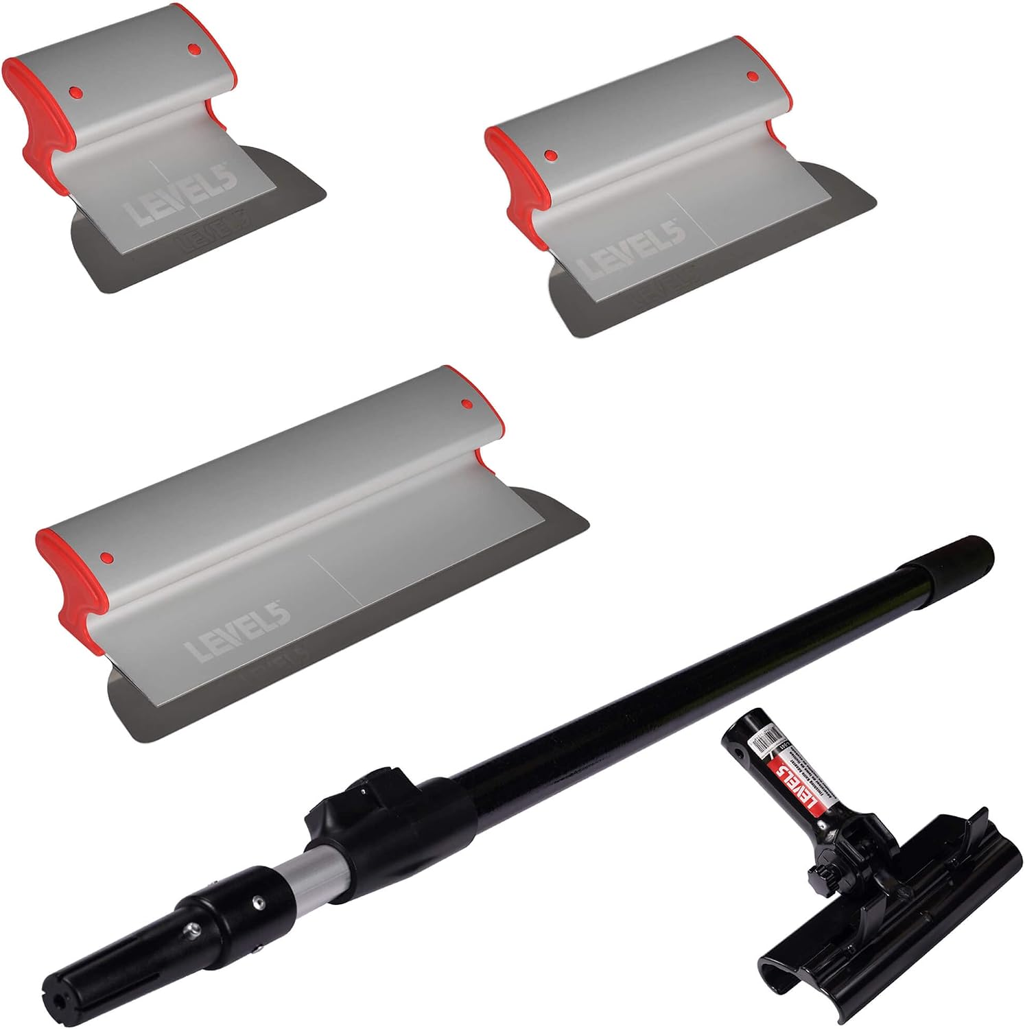 LEVEL5 Drywall Skimming Blade Set | 7, 10 & 16 Inch Skimming Blades, 37-63 Inch Extension Handle | Aluminum Body & Stainless Steel Blade | For Smoothing Walls and Ceilings | 5-439