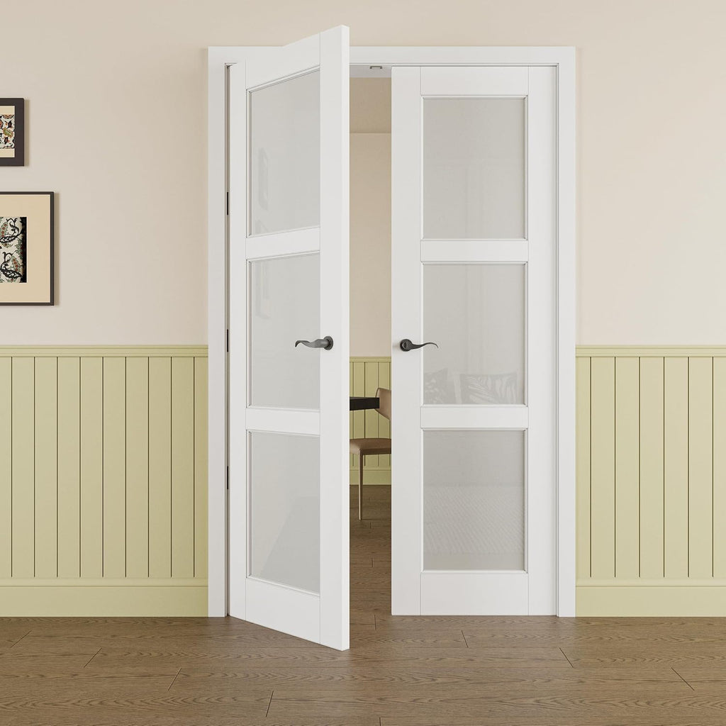 Prehung French Door 36' x 80' (2x18 in), Tempered Frosted Glass Door Slabs with Jamb, Black Hinges, 4 Levers & Latch, Solid Core Interior Door, Pre-Finished & Paintable, MDF Double Doors Interior