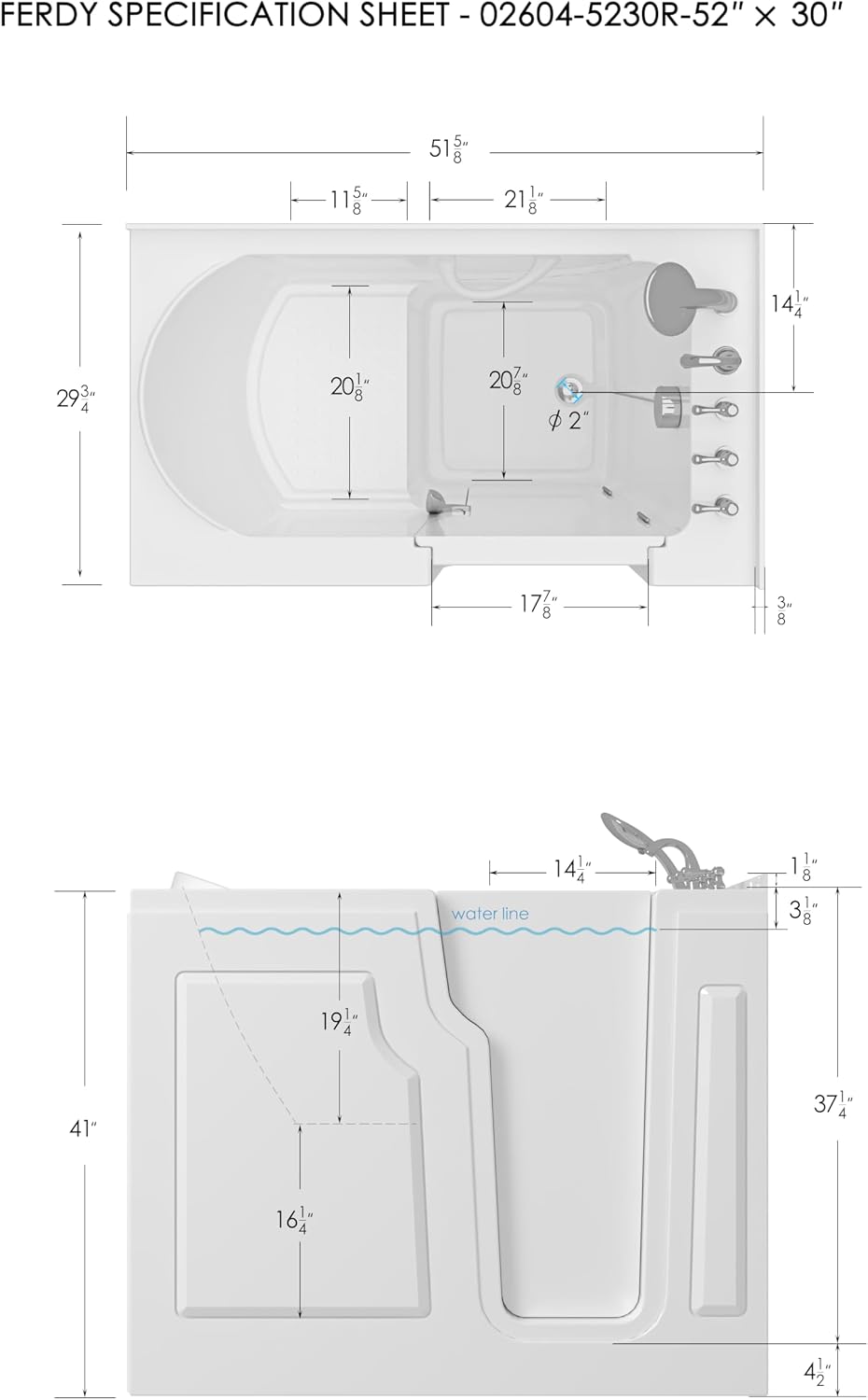 FerdY Floridian 52' x 30' Walk-in Bathtub with Right-Side Door Opening and Quick Fill and Drain System& Bath Pillow for Bathtub,Thick Tub Pillows, Ergonomic Head Neck and Back Support