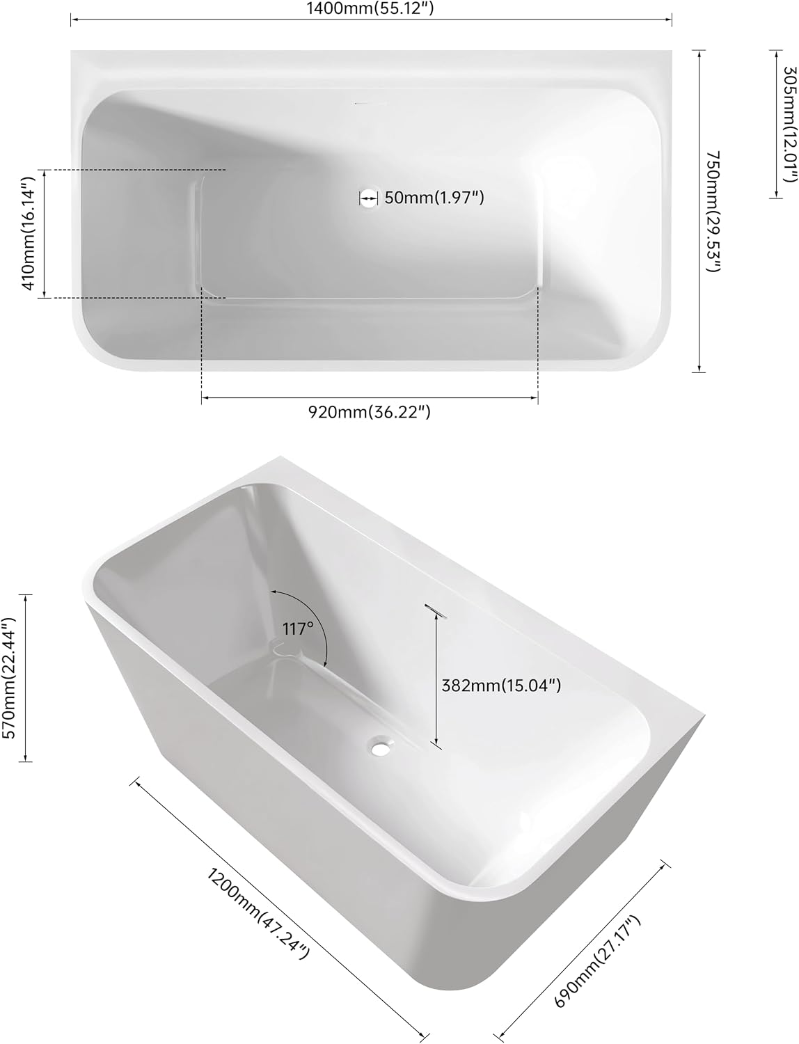 59' Stand Alone Tub Acrylic Rectangular Free Standing Soaking Bath tub (White)