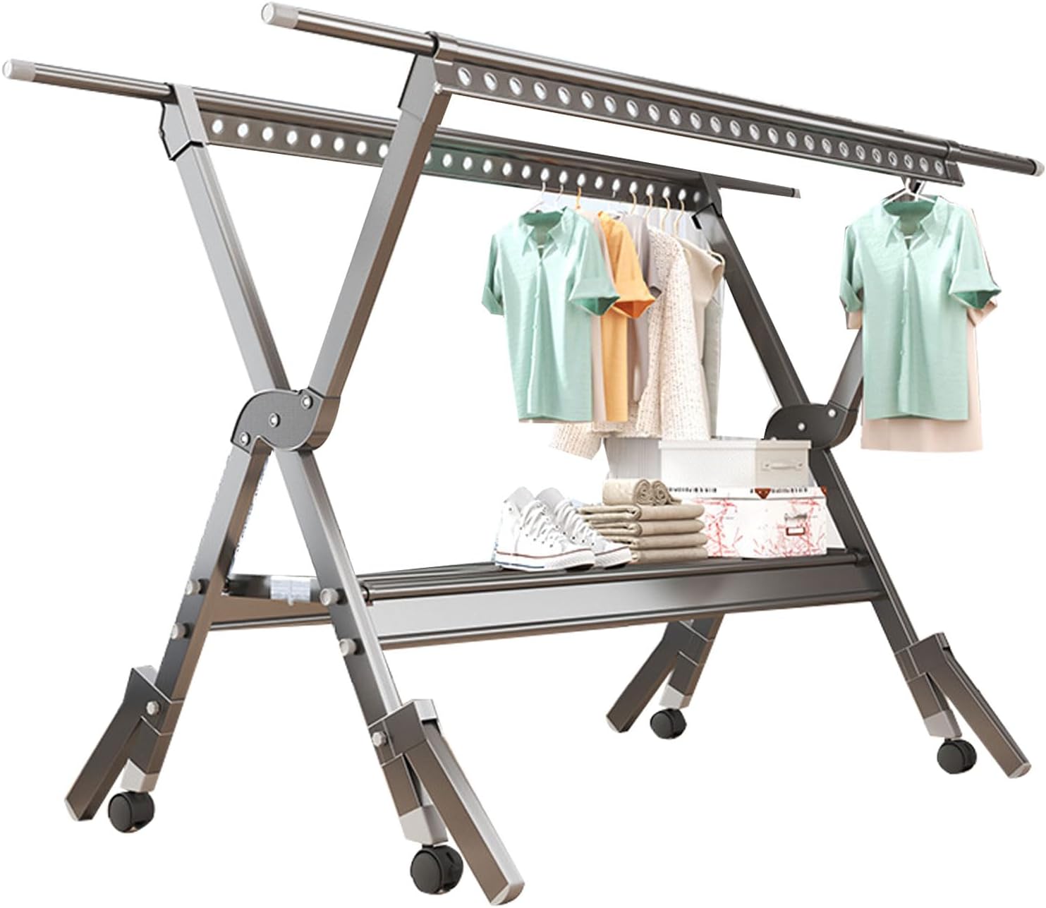 Clothes Drying Racks for Laundry Outdoor, Laundry Drying Rack Foldable, Aluminum Alloy Laundry Stand Organizer with Wheels, Rolling Garment Rack Heavy Duty (Grey 250cm/98in)