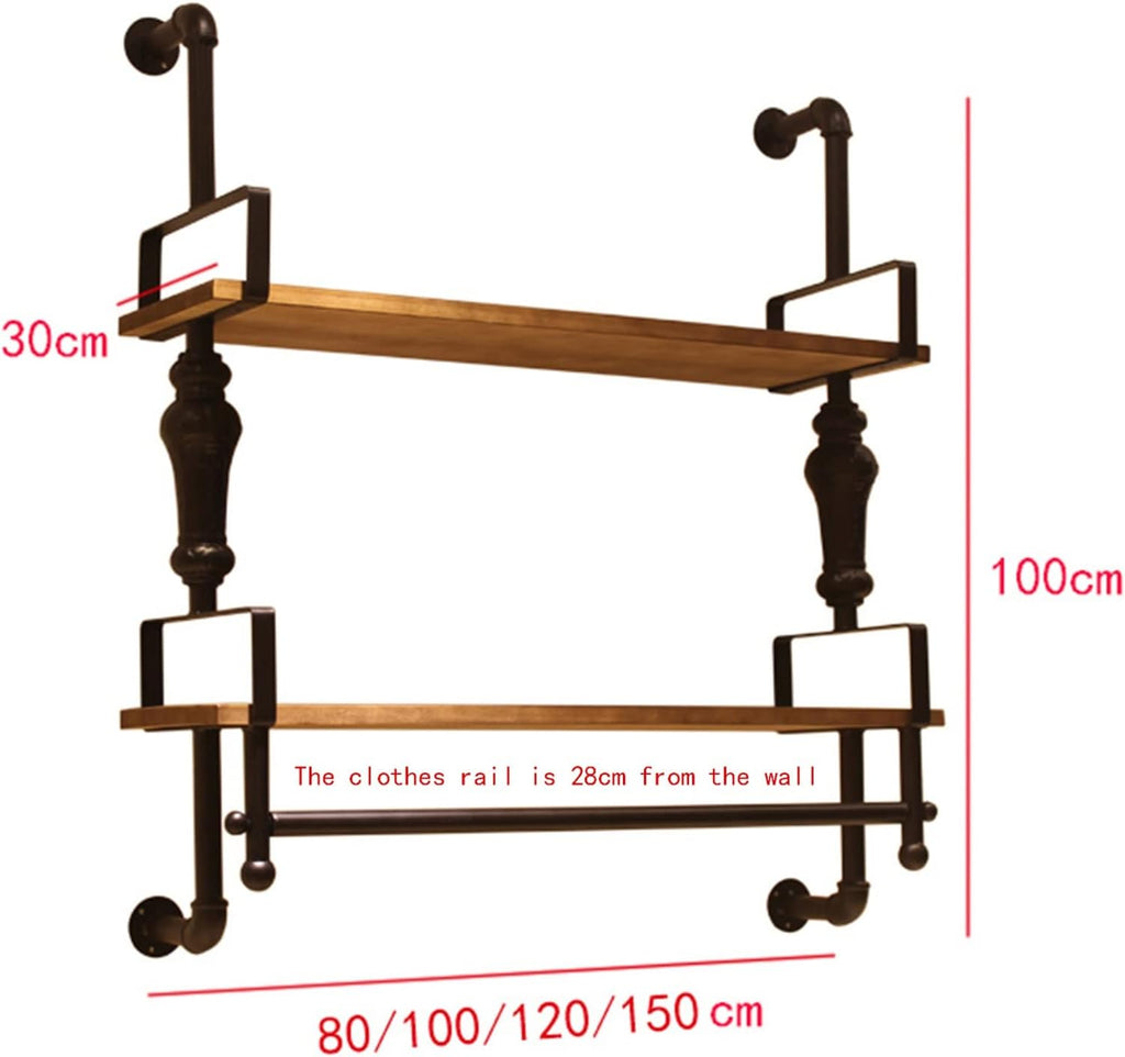 Wall Mounted Garment Rack,Floating Industrial Pipe Garment Rack,Clothes Hanger,Retail Display Garment Rack with Wooden Shelf,Sturdy Organizer,Sturdy Multifu(2-tiers-120CM