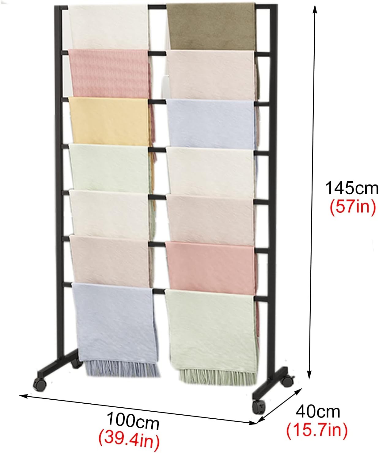 Upright Rolling Scarf Storage Organizers Rack on Wheels, 7 Tier Heavy Duty Commercial Multifunctional Display Stand Holder for Pants/Towel/Shawl (White Length100cm)