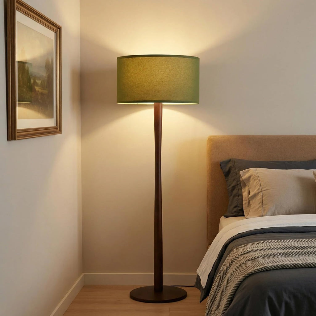62' Tall Rustic Wood Floor Lamp for Living Room, Farmhouse Walnut Wood Floor Lamps with Linen Shade, UL Listed Standing Lamps with Wooden Base for Bedroom, Corner, Dining Room,Office, Green Shade