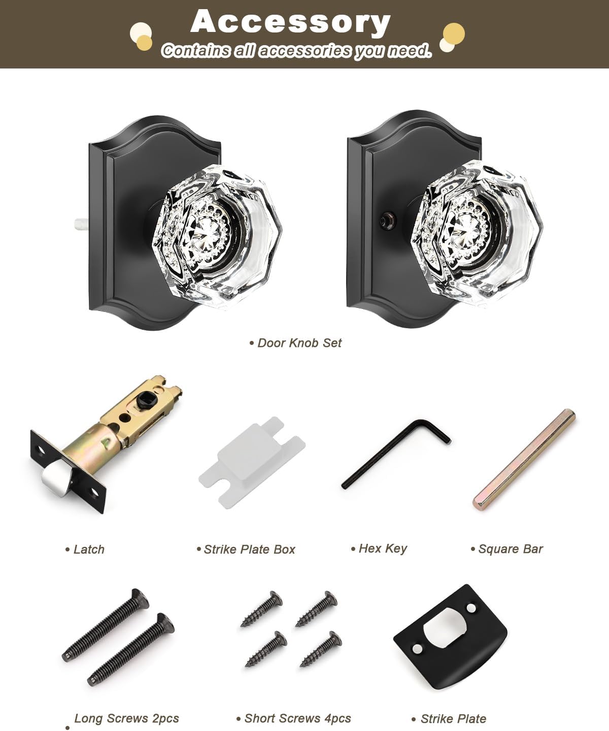 Gobrico 6 Pack Clear Diamond Passage Door Knobs,Matte Black Non-Locking Interior Door Handles,Octagonal Crystal Hall/Closet Door Knob,Arched Rosette